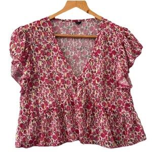 Women’s Floral Ruffle Detail Crop Top Blouse Floral Pink Size XS Casual V-Neck